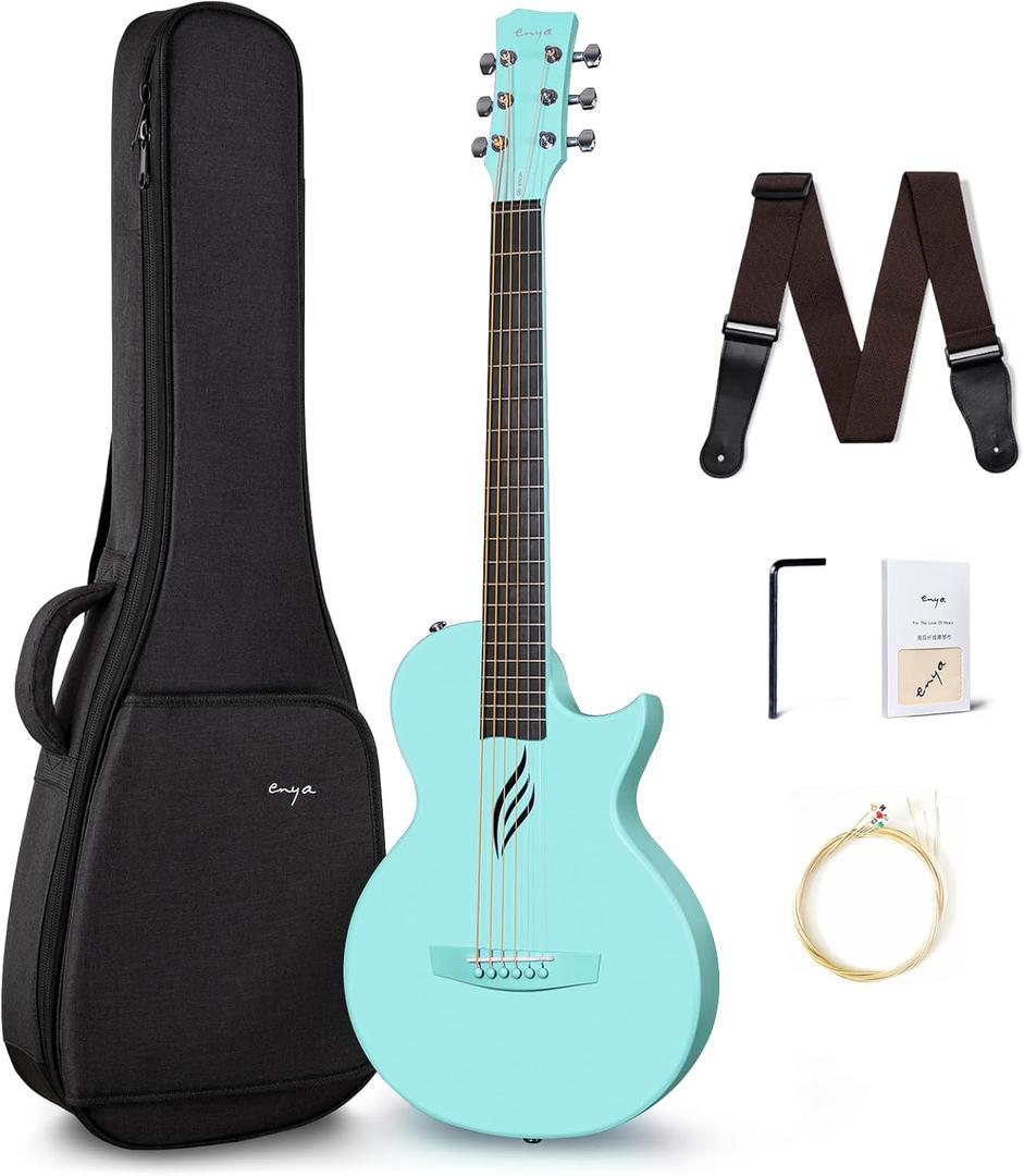 Enya Nova Go Carbon Fiber Acoustic Guitar 1/2 Size Beginner Adult Travel Acustica Guitarra w/Starter Bundle Kit of Colorful Gift Packaging, Acoustic Guitar Strap, Gig Bag, Cleaning Cloth(Blue) (35")