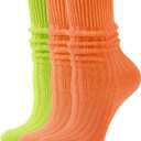 AugRing Women's Neon Scrunch Crew Socks 80s 90s Retro 3-Pack Cotton Stacked Boot Calf Cozy Ribbed Slouchy Socks Size 5-10 (2-neon Orange/1-neon Green)