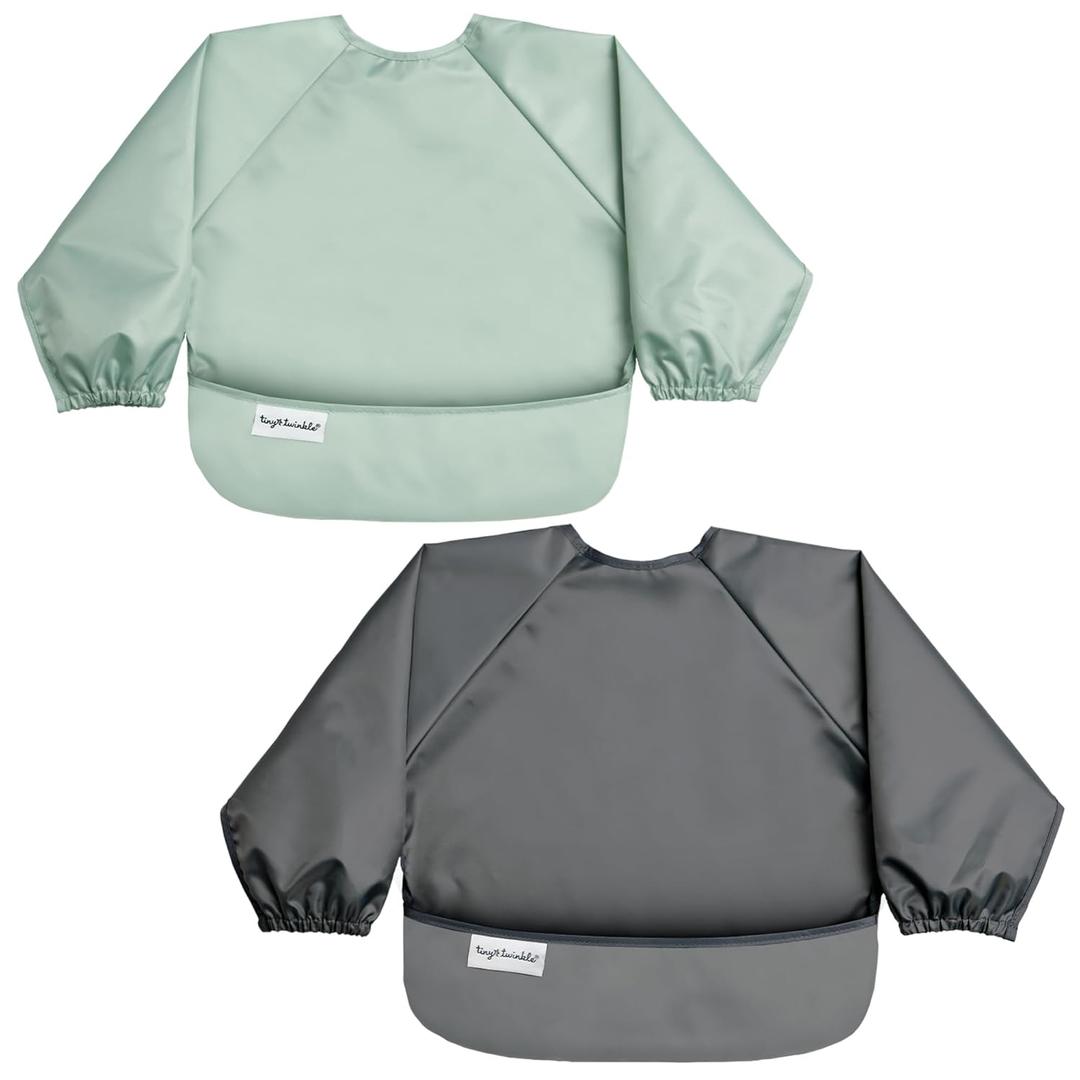Tiny Twinkle Long Sleeve Bib for Babies & Toddlers | 2-Pack Waterproof Smock Bib for Eating | Machine Washable & Mess-Proof Feeding Essentials | Newborn Shower Gift (Sage Charcoal,624M)