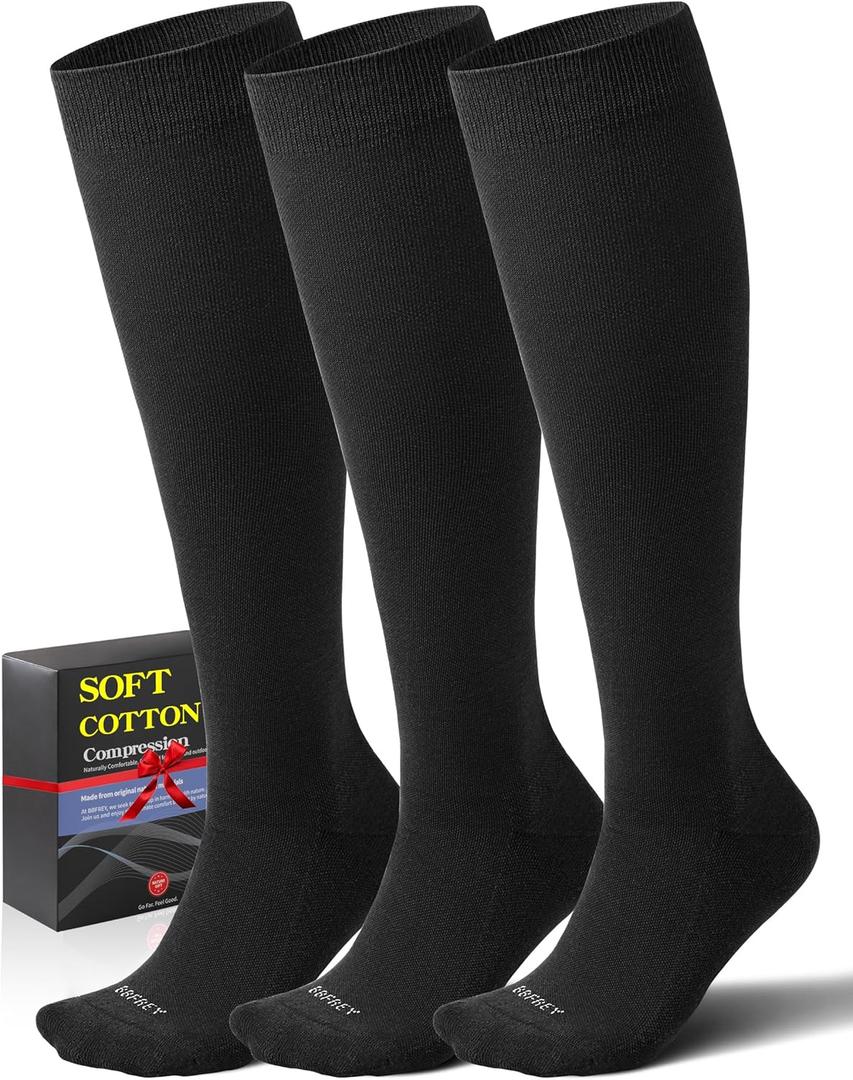 Soft Cotton Compression Socks for Women Men 20-30mmHg - Knee High Support for Circulation, Nurses, Pregnancy, Travel (Medium-Large, 3 Pairs - Black)