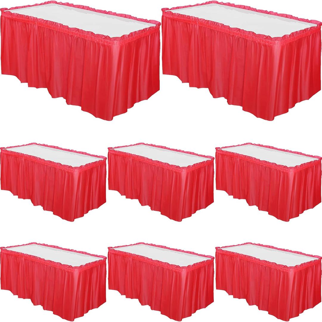 Tegeme 8 Pieces 29 in x 14 ft Plastic Table Skirts for Rectangle Tables Disposable Ruffle Table Skirts with Adhesive Strip for Party Wedding Reception Birthday baby shower (Red)