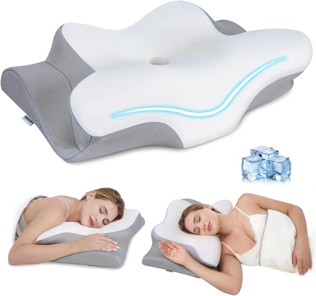 Cervical Neck Pillow, Memory Foam Pillows for Neck Discomfort Relief, 2 Heights Ergonomic Pillow with Breathable Ice Silk Cover, Neck Support Pillow for Side Sleepers, Odor-Free White