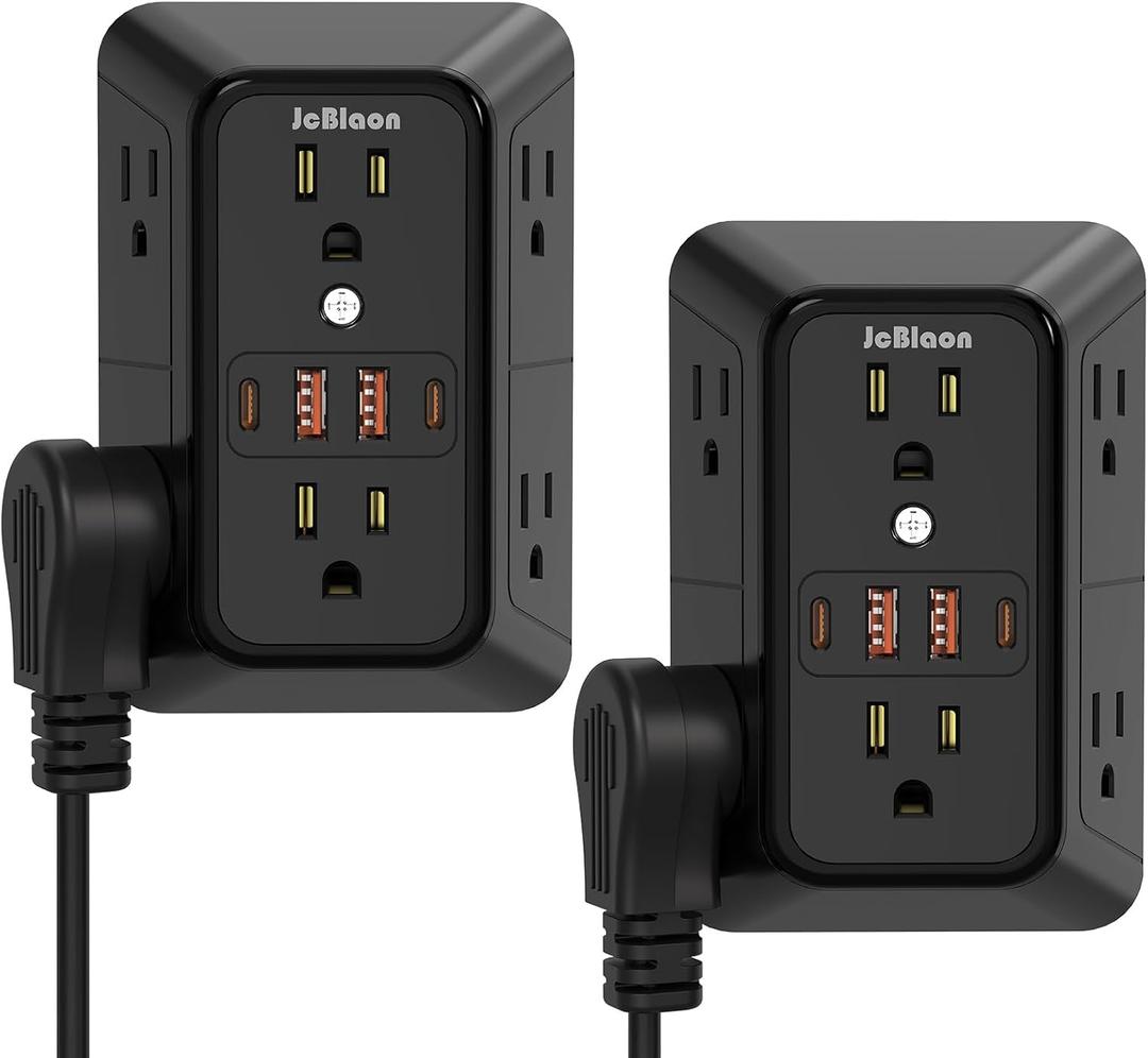 Surge Protector Outlet Extender, 6 Outlet Extender with 4 USB Charging Ports (2 USB C), 3 Sided Multi Plug Wall Adapter for Home, Office, Travel-2 Pack,Black