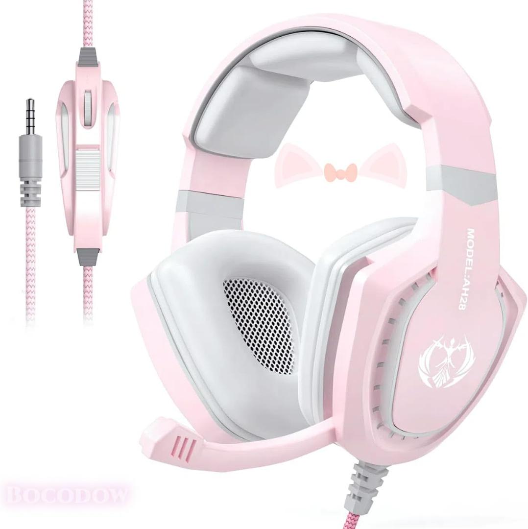 Bocodow Pink Gaming Headset for Girls Women with Microphone, Bass, Stereo Surround Sound Wired OverEar Headphones with Mic for PC Mac Computer PS5 Xbox PS4 Laptop (Pink)