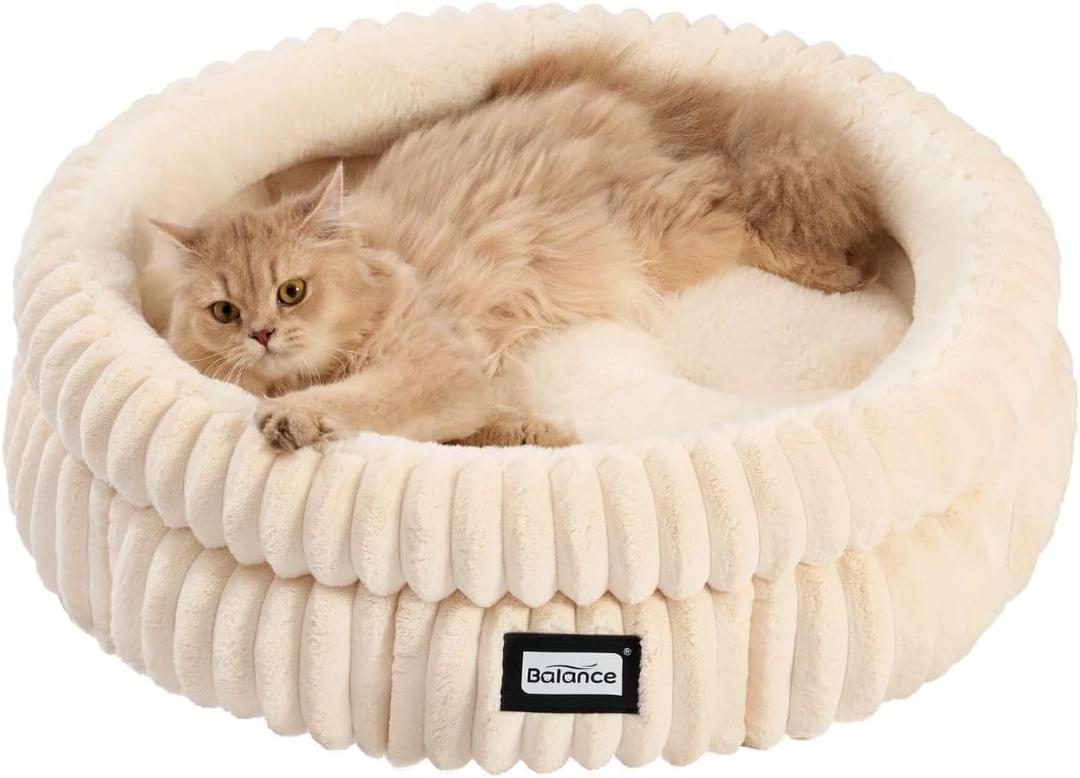 BALANCE Cat Bed Kitten Bed, Washable Round Cat Beds for Indoor Cats, Super Soft Plush Faux Fur Pet Bed for Puppy and Kitten with Anti-Slip Bottom