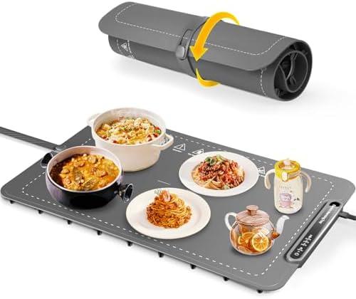 Food Warming Mat, Full Surface Heating Silicone Electric Warming Tray with 3 Level Temperature Settings, Auto Shut-Off, Foldable Roll Up Food Warmer for Parties Buffets, Gatherings