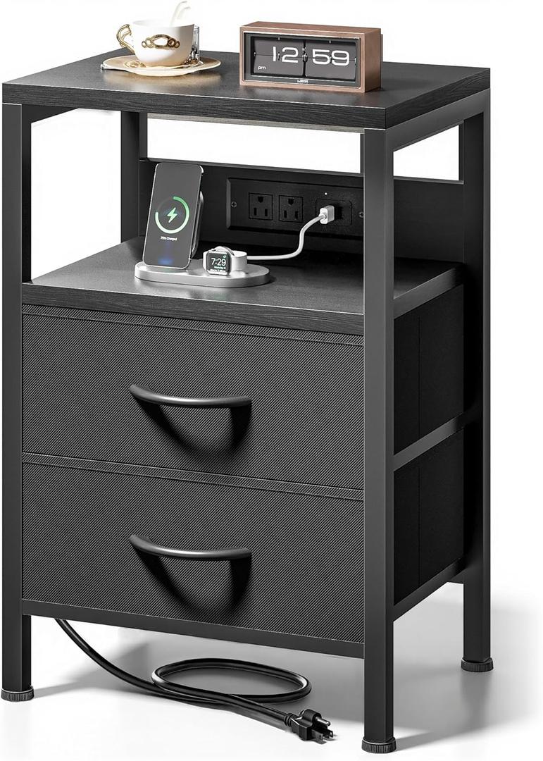 NightStand Bedside Charging Table Bedroom - Night Stand with Charger Station, Modern Nightstand with Open Shelf & 2 Fabric Drawers, Bed Side Table with USB-C Port for Dorm, Black
