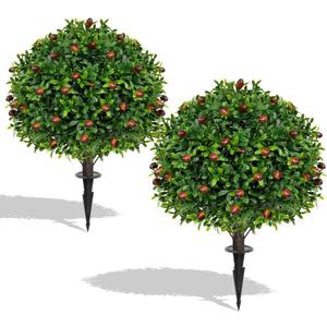 Artificial Olive Boxwood Topiary Ball Trees,2 Set of 16'' UV Resistant Fake Evergreen Shrubs Bushes Plants with Ground Spike, Fake Plants for Outdoor Indoor Front Porch Garden