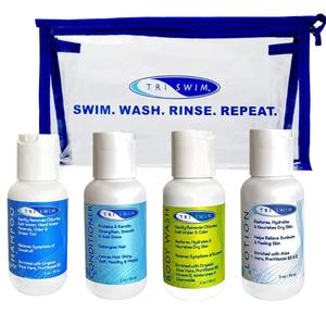 TRISWIM Shot Set in Travel Bag | 2oz Travel Size Chlorine Removal Shampoo, Swimmers Conditioner, Swim Body Wash and Lotion | Removes Chlorine, Bromine, Hard Water Minerals & Saltwater and odors (2 Ounce (Pack of 4))