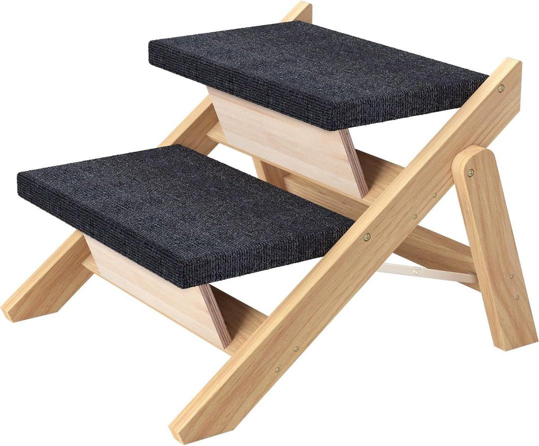 Pet Stairs/Steps, Small Dogs Steps for High Beds, Sofa, Couch, Car, 2-in-1 Foldable Wood Dog Ramp with Non-Slip Pads, Safety, Durable Portable Dog/Cat Ladder Up to 110 lbs, 2 Steps