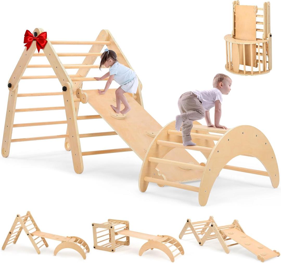 Dripex Deformable Pikler Triangle Set, Fun Over 20 Playing Modes Climbing Toys for Toddlers 1-3 Inside, Large Sturdy Indoor Playground Jungle Gym Playset, Premium Early Learning Toddler Climbing Toys (Natural Deformable Climbing Set)