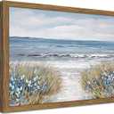 Wood Framed Coastal Beach Wall Art, Vintage Floral Ocean Landscape Canvas Wall Decor Paintings, Blue Boho Farmhouse Coastal Posters Prints Pictures for Living Room Bedroom Bathroom 16x24 Inch