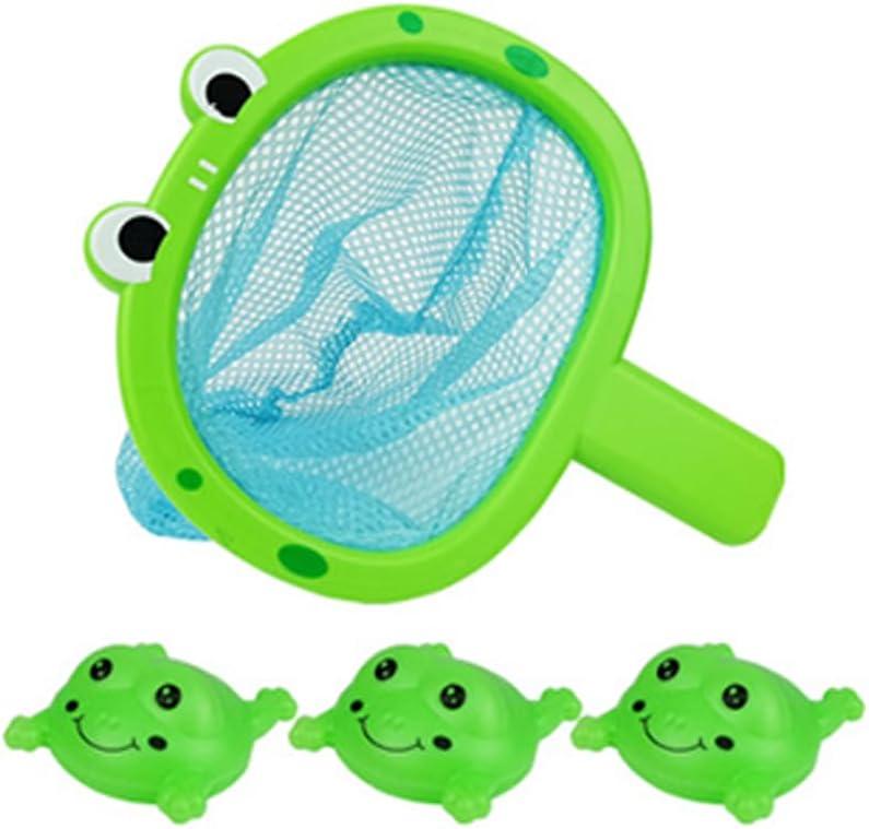 Baby Bath Toys 1 Pcs Frog Animals Fishing Net with 3 Pcs Water Floating Sea Animals Frog Toys, Bathroom Pool Water Floating Accessory Duck Crab Frog Fishing Play Set for Toddlers