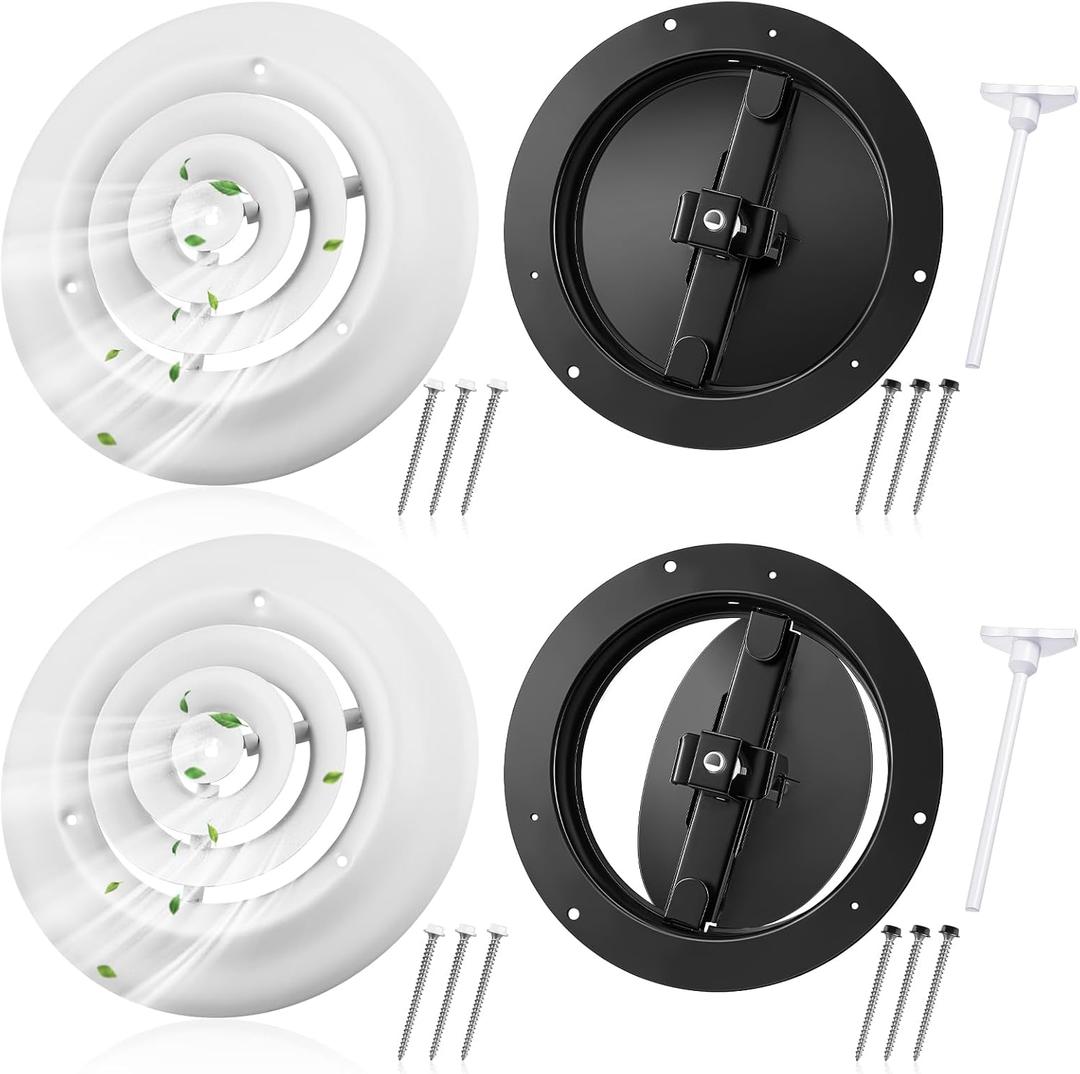 Therwen 2 Set 6 Inch Round Vent Cover Ceiling Diffuser HVAC Vent Duct Cover Replacement with Steel Butterfly Damper Fitting in 6 Inch Duct, Outer Dimensions: 9-15/16"