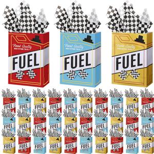 Humyoun 30 Pcs Race Car Fuel Treat Bags Racing Car Party Favor Decorations Race Goodie Paper Bags with Handles for Birthday Party Supplies Gifts with 50 Pcs Black and White Checkerboard Backing Paper