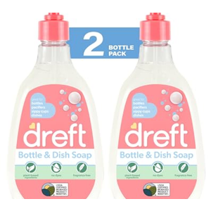 Dreft Baby, Bottle and Dish Soap, Removes Milk Film & Odor, Plant Based, Fragrance Free, Travel Size Bottles, 18 Fl Oz (Pack of 2)