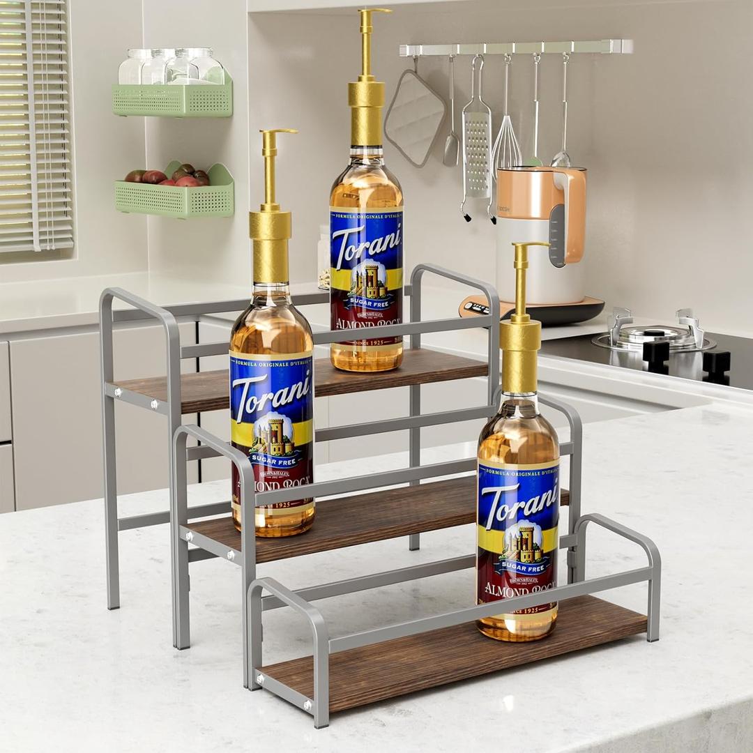 3-Tier Coffee Syrup Rack for Countertop, Large Capacity 12-Bottles Syrup Stand with Wood Shelf & Metal Frame for Coffee Bar, Premium Grey Coffee Organizer Station/Wine Rack for Kitchen Storage