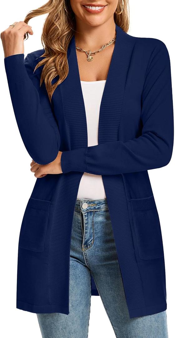 Women's Cardigan Sweaters Long Sleeve Soft Open Front Knit Cardigan with Pockets (Medium, Navy)