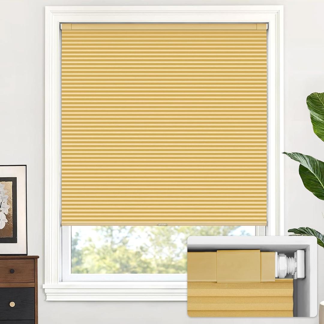LazBlinds Cordless Cellular Shades, No Tools No Drill Blackout Honeycomb Shades Pleated Blinds for Windows, 30" W x 64" H, Yellowish-Brown