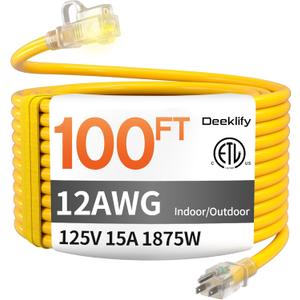 12 Gauge 100 FT Heavy Duty Outdoor Extension Cord Waterproof with Lighted End,Yellow 12 Gauge Extension Cord Flexible and Cold Resistant 3 Prong Grounded Plug,15Amp 1875W SJTW ETL Listed