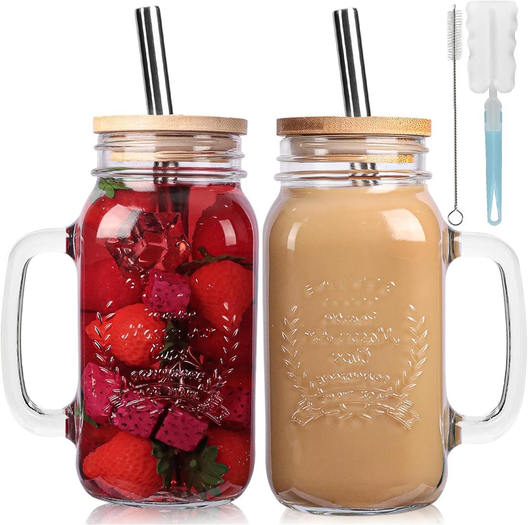 2 Pack 24Oz Mason jar cups with lids and straws, Mason Jars with Handle