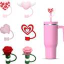 2 x 6 Pcs silicone straw covers with heart & rose design, reusable dust toppers for Stanley cups  perfect Mothers Day gift for mom, wife, sister, grandma, or stepmom.