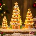 Roowest 3 Pcs Gingerbread House Decor with Tree Theme Ceramic Gingerbread Village House with LED Light 8, 6, 4inch Christmas Tree Decor Tabletop Figure for Indoor Festive Holiday or Party