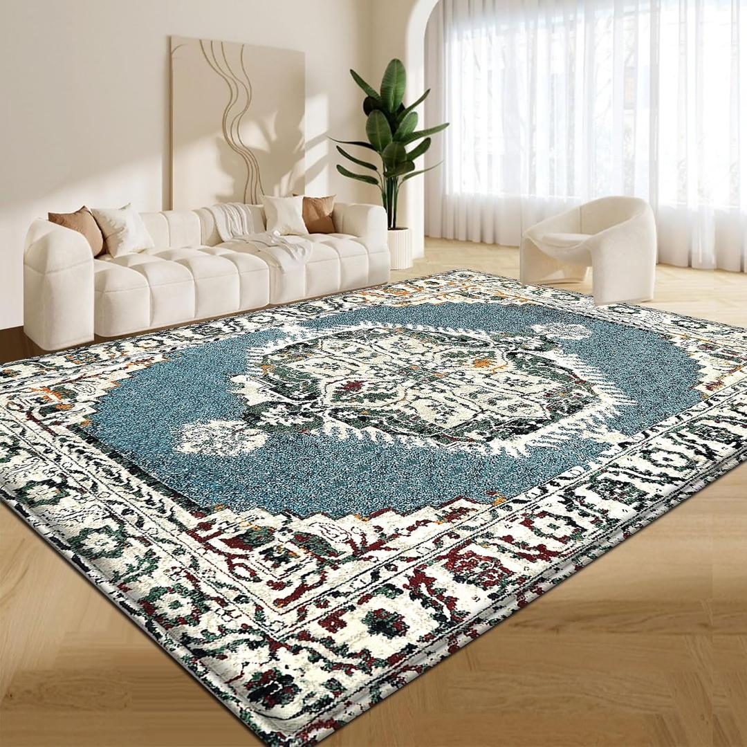 Oriental Area Rug 9x12, Vintage Non Slip Low Pile Soft Large Carpet for Bedroom Aesthetic Dining Living Room, Green for Nursery Playroom Family Room Foyer Den Office Home Decor (12' x 8'11" (Rectangular)