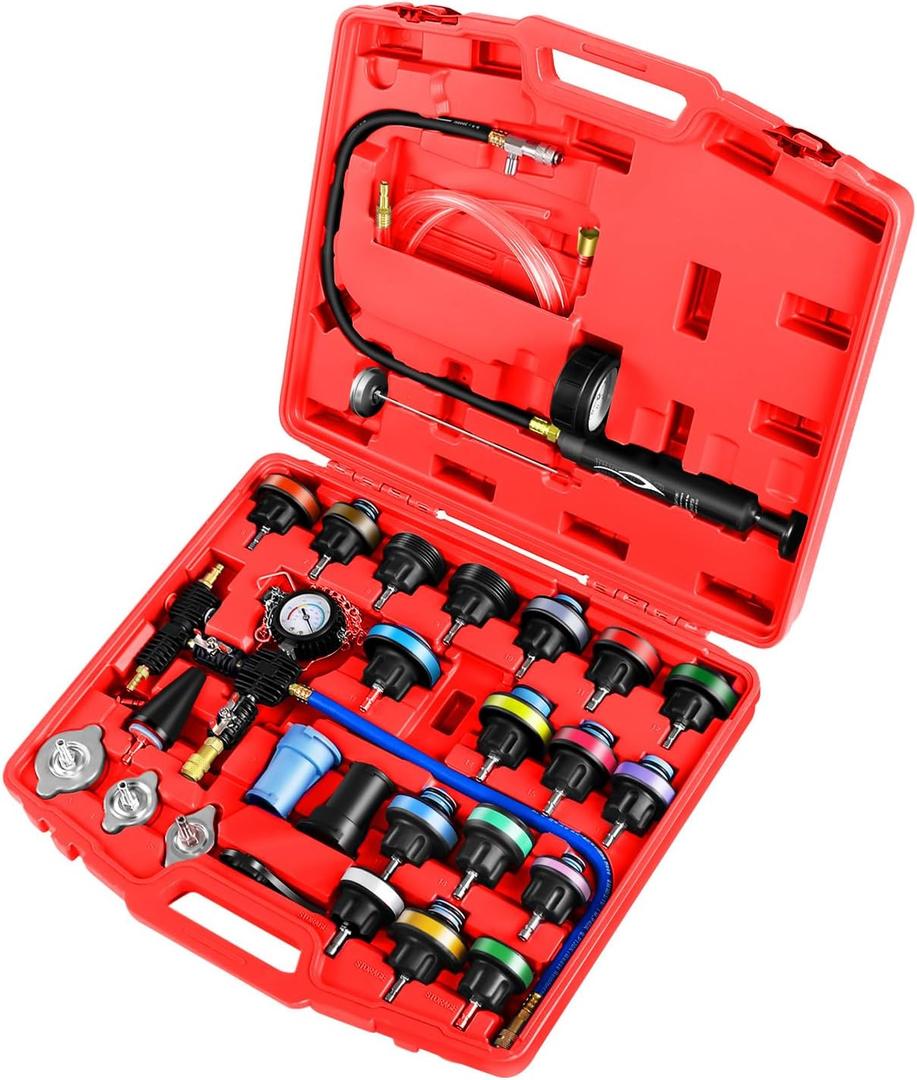 JIFETOR Radiator Coolant Pressure Tester Vacuum Refill Tool Kit, 28PCS Automotive Cooling System Leak Test and Pneumatic Purge Fill Set with Testing Adapter Caps Universal for Airlift Car Auto Truck
