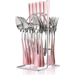 FTNESGYM 24 Pieces Silverware Set, Stainless Steel Cutlery Set with Holder, Flatware Set for 6 Person Tableware Set Includes Dinner Knives Forks Spoons Teaspoons, Mirror Polished (Pink)