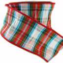 Wire Edged Sheltand Red, Green, White and Aqua Plaid Dupioni Ribbon 2 1/2" - 10 Yards