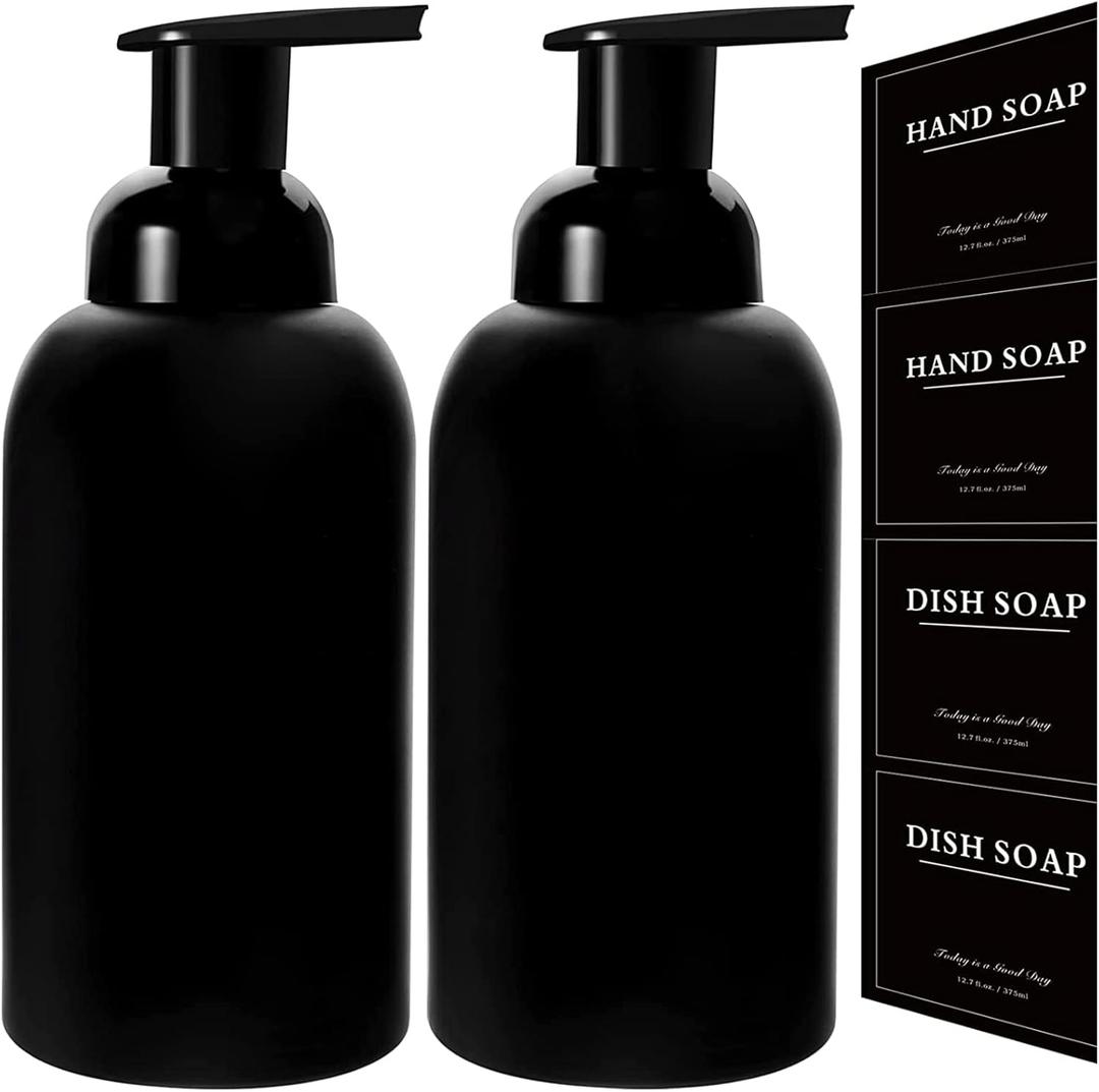 Rejomiik 2 Pack Foaming Thick Glass Foam Hand Soap Dispenser for Bathroom or Kitchen Sink, 13 Oz Pump Bottles for Hand Soap, Body Wash, Matte Black