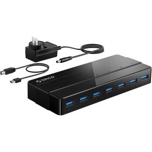 Powered 7-Port USB 3.0 Hub, ORICO USB Data Hub with 12V Power Adapter, Multi USB 3.0 Splitter with 3.3 Ft Long USB Cable for PC, Laptop, Keyboard, Mouse, HDDs and More-Black
