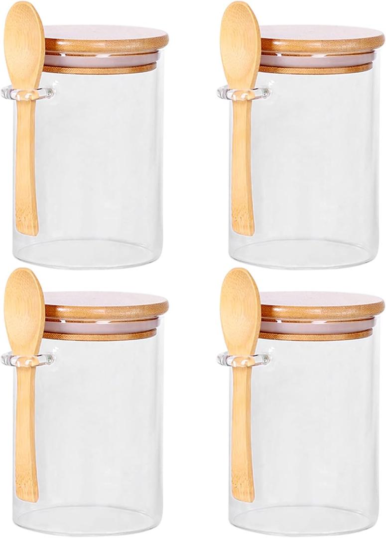 CZFWin 4 Pack Glass Containers with Lids and Spoons, Overnight Oat Container with Lids Glass, Oatmeal Jar with Spoons, Meal Prep Jars for Yogurt, Chia Pudding (Round 4PCS)