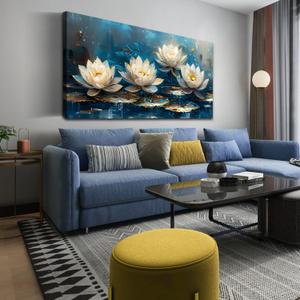Large Canvas Wall Art for Living Room Bedroom Home Office Blue White Lotus Flower Picture Framed Canvas Prints Artwork Ready to Hang Size 30x60