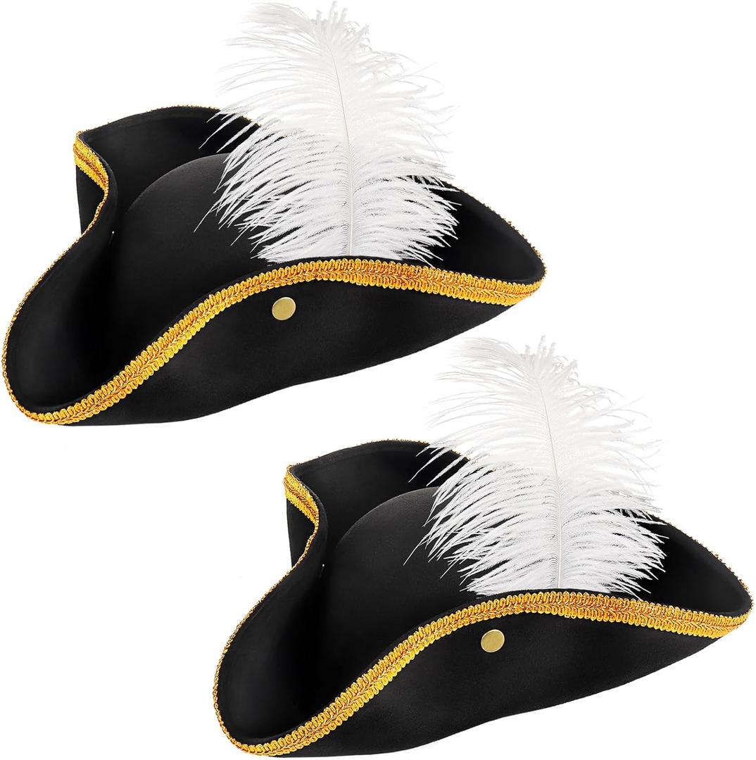 Tricorn Pirate Hat with Feather Black Colonial Hat for Women Men Halloween Costume
