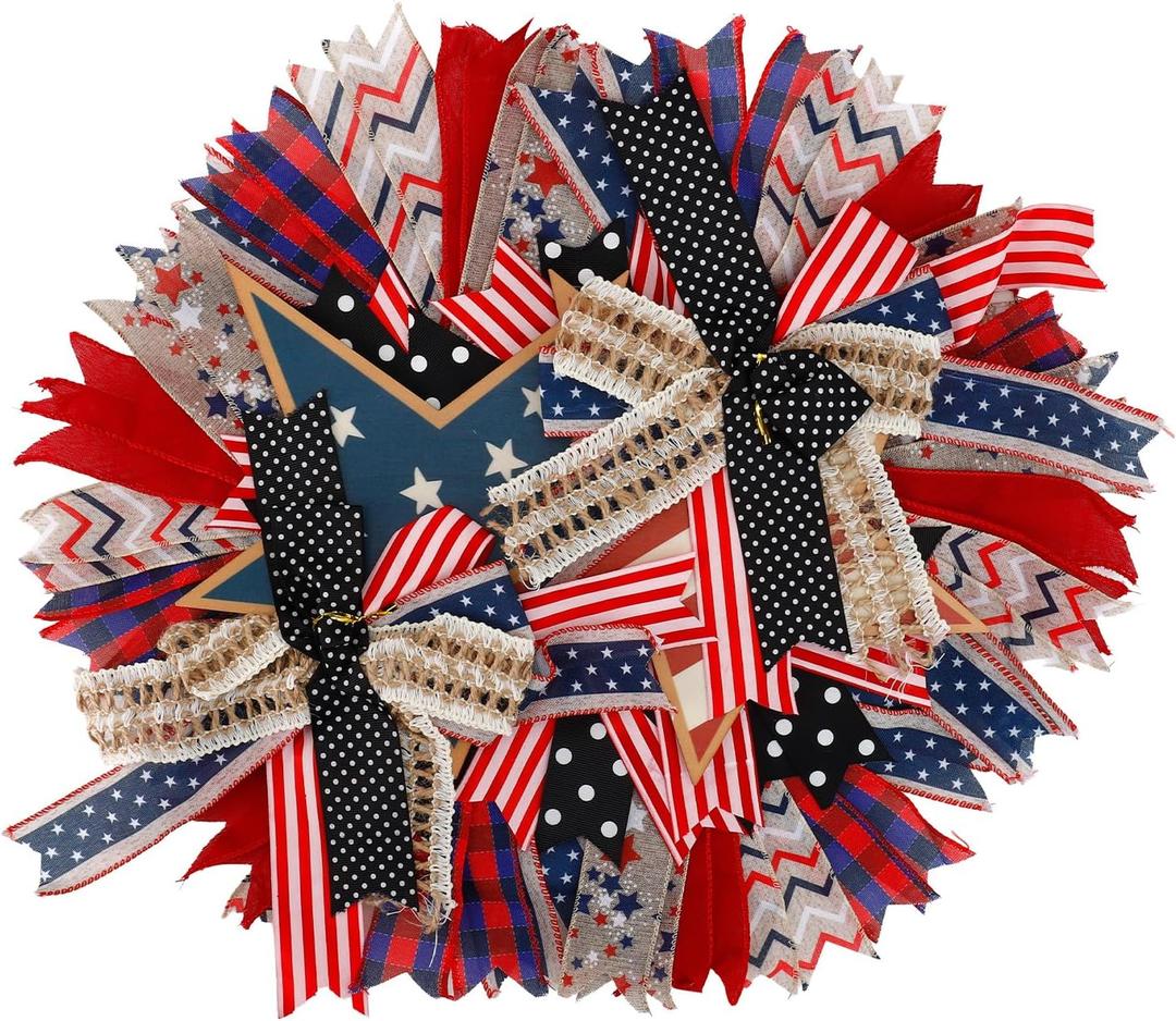 4th of July Red White Blue Glitter Stars Patriotic Wreath for Front Door, Dependence Day 250th Anniversary Patriotic Wreath with Burlap Bow for Farmhouse Outdoor Holiday Decoration
