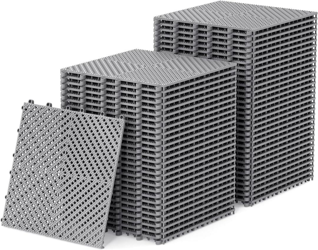60-Pcs Interlocking Tile, Indoor/Outdoor Drainage Interlocking Floor Tiles 11.8" x 11.8", Anti-Slip Waterproof Soft PVC Splicing Flooring Tile for Garage Patio Pool Bathroom, Grey