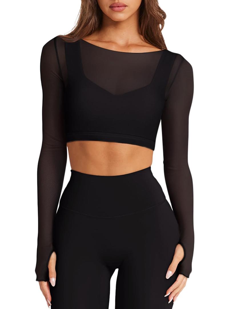 LASLULU Womens Long Sleeve Workout Tops with Built in Bra Sheer Mesh V Neck Black Crop Tops Cropped T Shirts Sexy Exercise Pilates Fall Outfits(Black,X-Large) 
