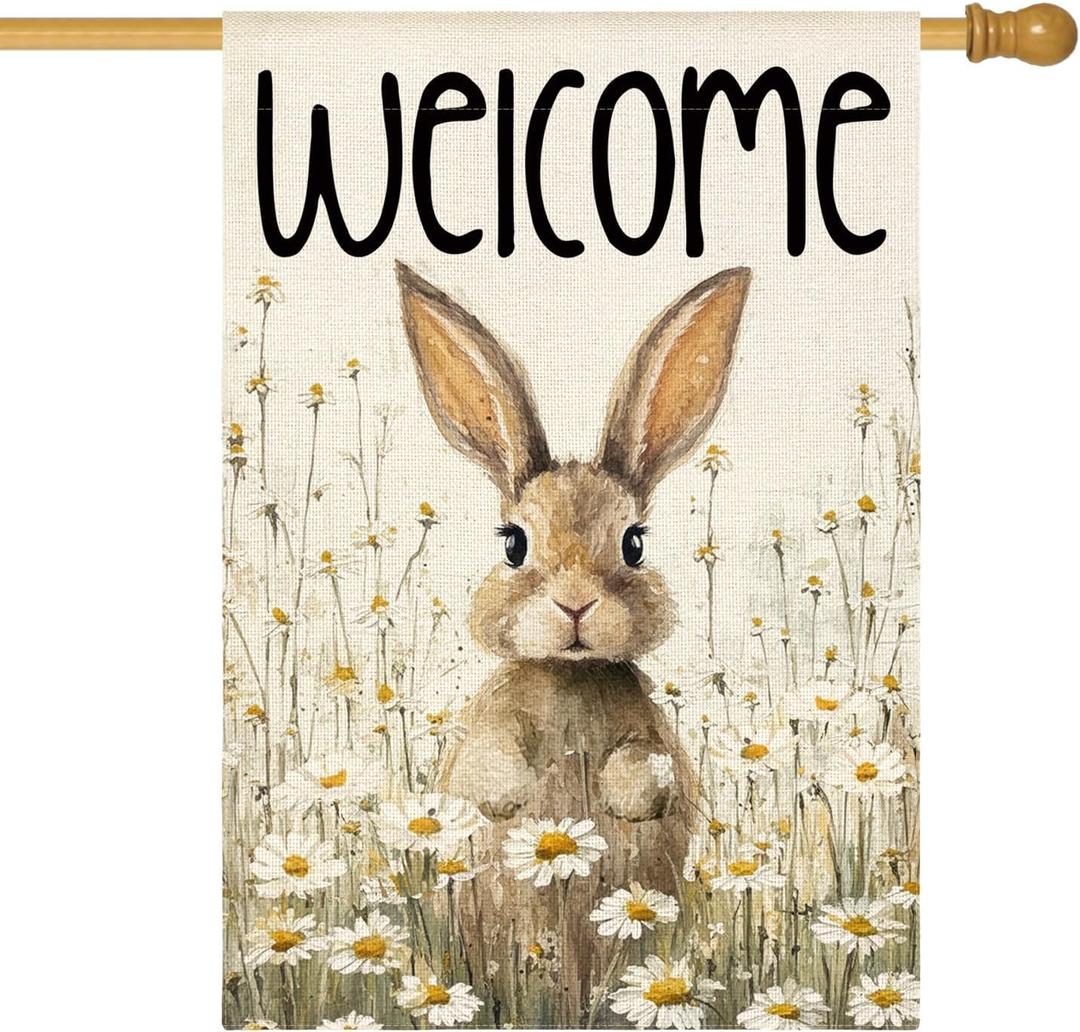 AVOIN colorlife Bunny Rabbit Easter House Flag 28x40 Inch Double Sided Outside, Welcome Spring Floral Yard Outdoor Flag