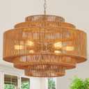 Hand-Woven Rattan Chandelier Large Boho Chandelier Living Room 25.6in Coastal 6-Light Farmhouse Vintage Wicker Bamboo Chandeliers for Bedroom Dining Room Stairway