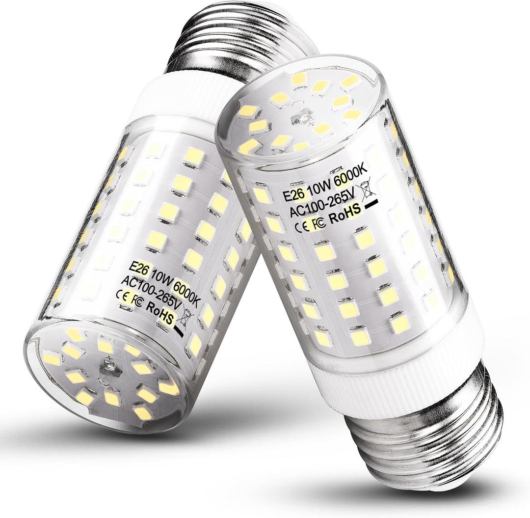 E26 LED Candelabra Light Bulb 10W Equivalent 100W 6000K Daylight White 1200lm E26 Edison Base LED Corn Bulbs for Refrigerator Chandelier Pendant Ceiling Fan Lighting Wall Sconces, Non-dimmable, 2 Pack
