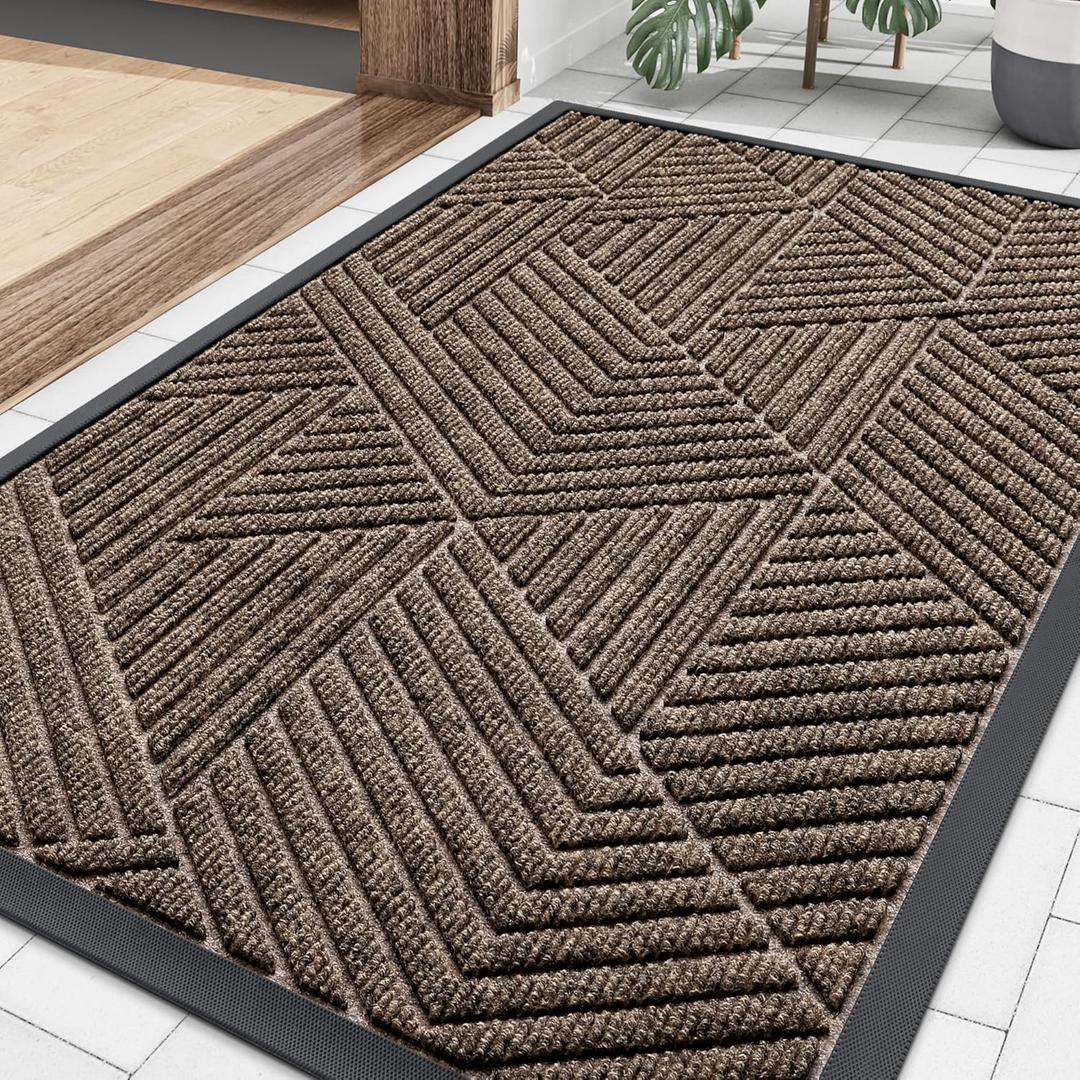 Smiry Front Door Mat Outside Entrance, Heavy Duty Sturdy Natural Rubber Doormat, Trap Dirt and Moisture, Easy Clean Low Profile Mats for Indoor Outdoor Entry, Irregular Triangle (29.5x17, Brown)