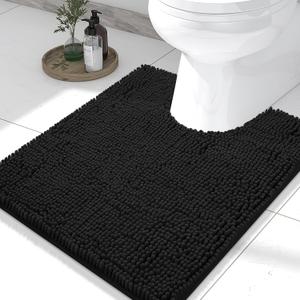 Smiry Luxury Chenille Toilet Rugs U-Shaped 24x20, Soft Absorbent Non-Slip Contour Bathroom Rugs for Toilet, Machine Washable Contoured Bath Mats, Black (24" x 20" Contour Rug)