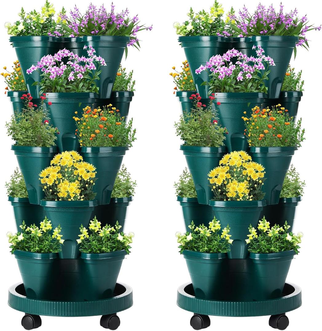 Umigy 2 Set 5 Tier Stackable Planters Vertical Garden Planters for Strawberry Herb Flower and Vegetable Indoor Outdoor Gardening Pots with Removable Wheels and Bottom(Dark Green)