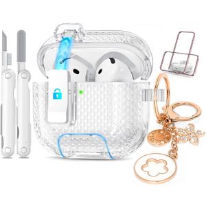 for Airpods 4 Case Clear with Lock&Bling Keychain for Women&Girly,Cute Soft TPU Clear Case Cove for Apple Airpods 4th Generation (2024) with Cleaning Kit,Phone Holder Function