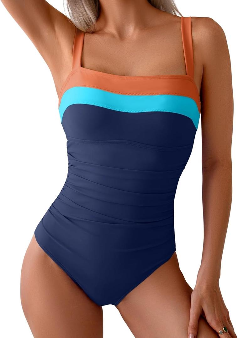 Eomenie Women's One Piece Swimsuit Tummy Control Ruched Bathing Suit Full Coverage Slimming Swimwear Color Block Swim Suit (Large, Orange-blue-royal Blue)