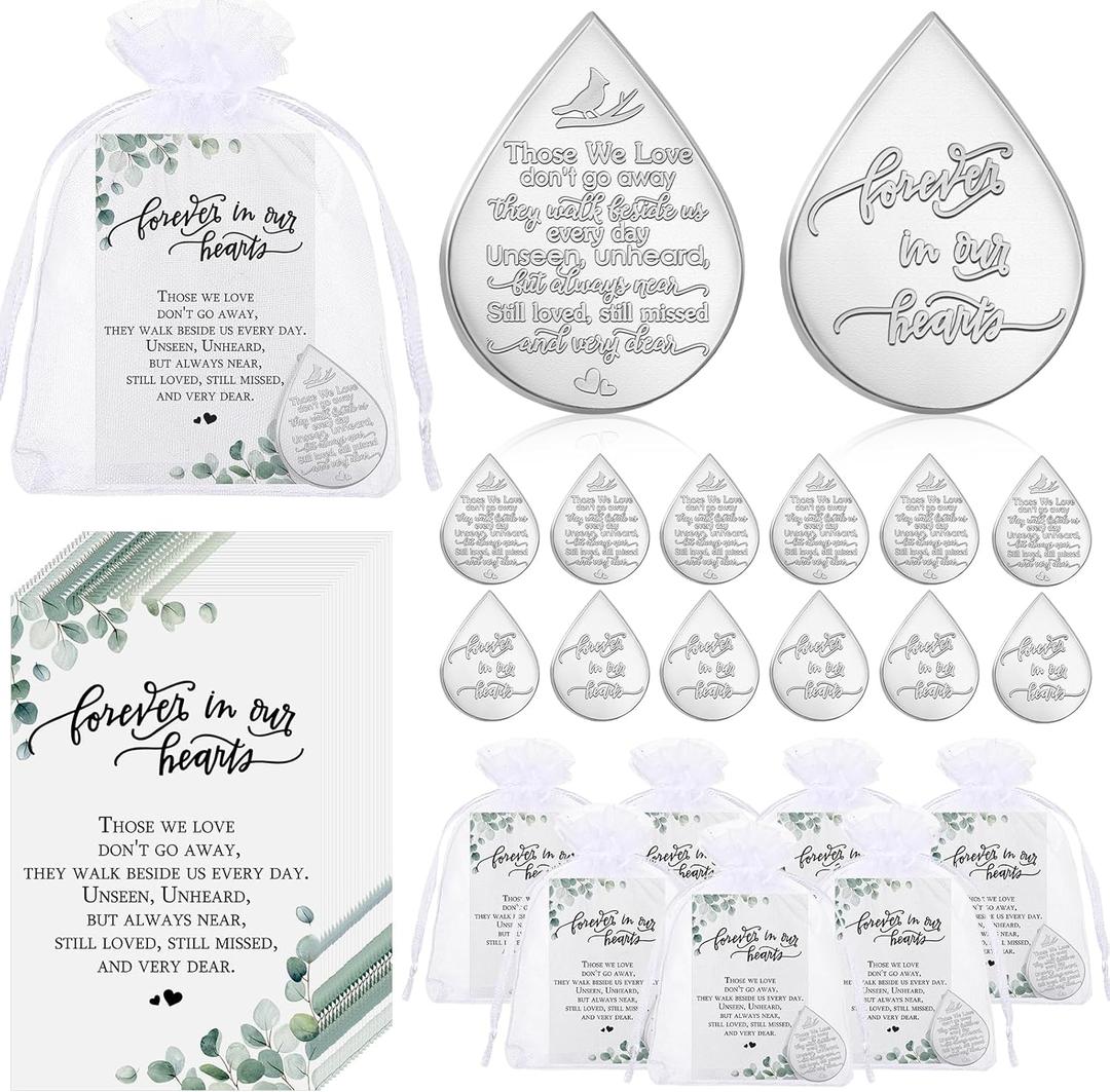 Ctosree 50 Sets Funeral Favors for Guests Tear Shaped Pocket Hug Token Memorial Sign with Poem Cards and Organza Bags for Family Church Funeral Prayer Gifts
