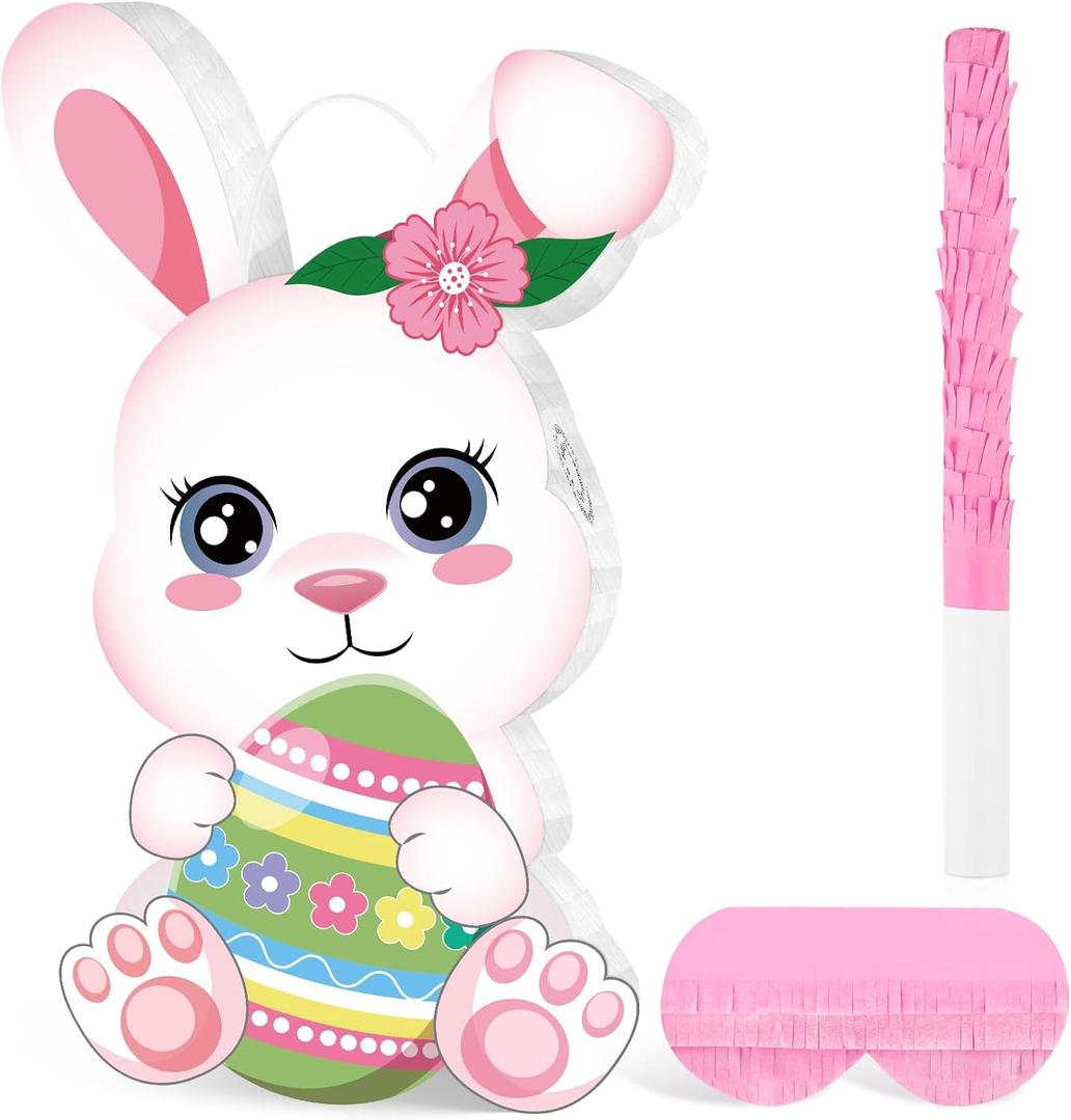 Hooqict Easter Egg Pinata Bunny Pinata with Blindfold and Bat Stick for Girls Spring Happy Easter Party Games Bunny Birthday Party Decorations Sunday Celebration Supplies