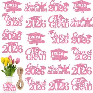 2026 Graduation Cutouts, 30Pcs Glitter Grad Cap 2026 Cutout Tags | Double Side 2026 Graduation Party Decorations, Class of 2026 Table Centerpiece, Congrats Grad Party Supplies Favors, Pink, 10 x 6 cm/3.9x 2.4 inches
